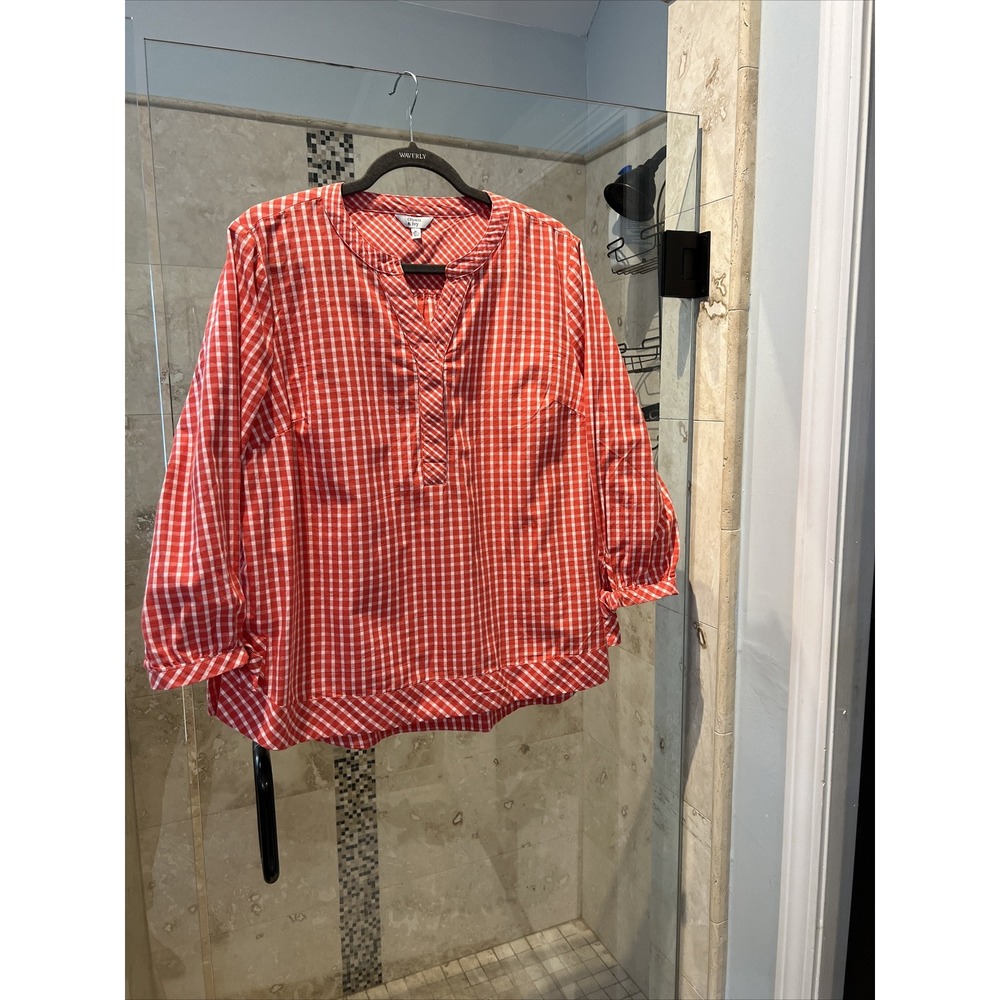 CROWN & IVY Women's Size XL White Tangerine Checked Long Sleeve Button Up Top